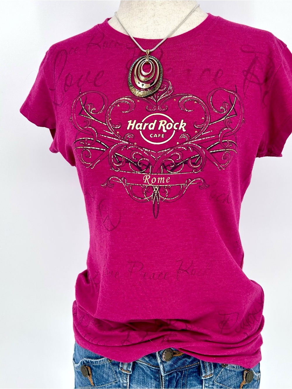 Y2K Hard Rock Cafe Couture Rome Pink Baby Tee Grunge Coquette Graphic Top